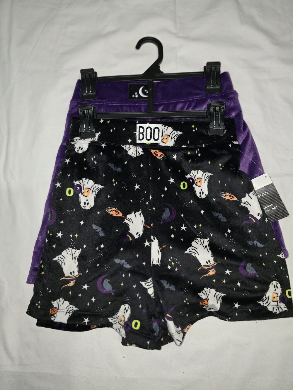 2pk Halloween Soft Velvet Black Spooky Ghost/Purple Moon & Stars Shorts